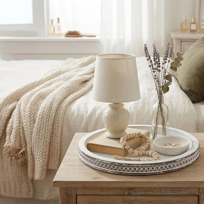 Farmhouse Round Wooden Beaded Tray 12" White Washed Wooden Decorative Tray Round Rustic Wood Decorative Coffee Table Trays for Home Living Room Kitchen Counter