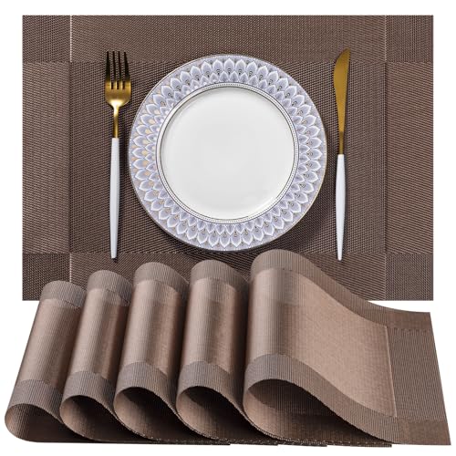 LEXMORE Placemats Set of 6 Vinyl/Plastic Woven Place Mats for Kitchen Table Indoor/Outdoor Washable Placemat Wipeable Dining Table Mats(Brown Cube) - color: G-brown Cube
