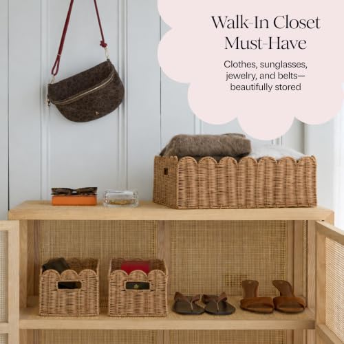 BEBE BASK Handwoven Scalloped Wicker Basket Set of 3 (17 × 13 × 7 in) - color: Mocca