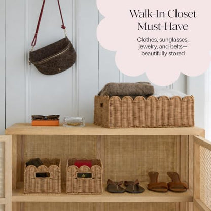 BEBE BASK Handwoven Scalloped Wicker Basket Set of 3 (17 × 13 × 7 in) - color: Mocca