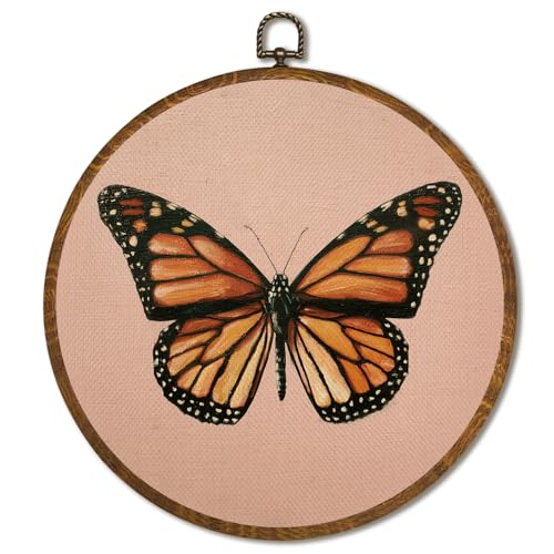 Vintage Wall Art 10x10 Inch, Round Framed Canvas Print of Vintage Butterfly & Moths, Dark Moody Circular Wall Art Decor for Living Room, Bedroom, Neutral Retro Artwork (Pink) - color: Pink