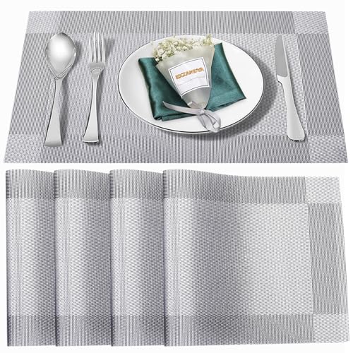 Silver Vinyl Placemats Set of 4,Washable Dining PVC Table Mats - color: Silver, size: 4PCS 12"Wx18"L