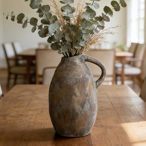 Rustic Ceramic Vase with Handle, 10.3 Inch, Farmhouse Decor, Brown - color: Brown