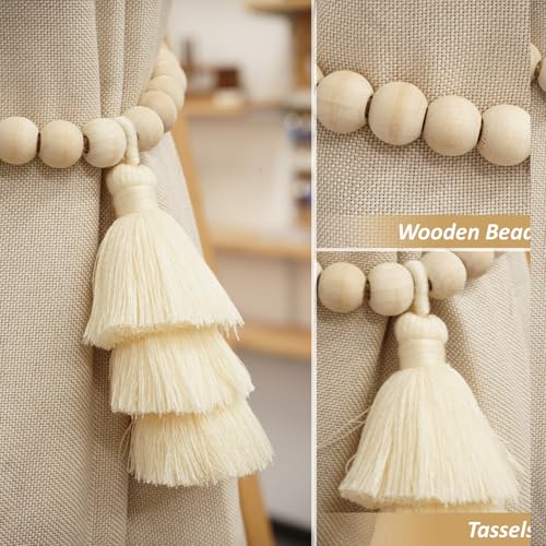 Magnetic Curtain Tiebacks with Wood Beads, Boho Rope Drapery Holdbacks with Triple Tassels, No Drill Curtain Holders for Farmhouse Bedroom, Living Room or Nursery, 2 Pack, Beige - color: Beige