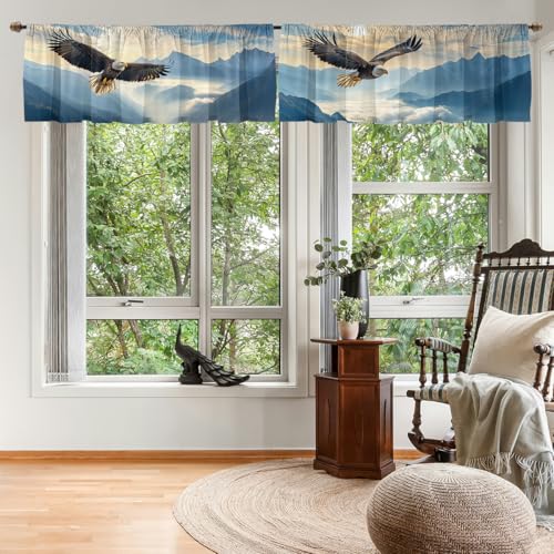 Eagle Valance Curtain for Windows 2 Pack Rustic Sun Soaring Mountain Cloud Blue Sky Rod Pocket Window Treatments Short Curtains for Kitchen Windows Bathroom Bedroom 54x18 Inch - color: Eagle