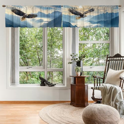 Eagle Valance Curtain for Windows 2 Pack Rustic Sun Soaring Mountain Cloud Blue Sky Rod Pocket Window Treatments Short Curtains for Kitchen Windows Bathroom Bedroom 54x18 Inch - color: Eagle