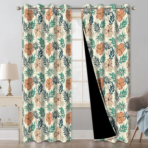 Spring Floral Blackout Curtains for Bedroom and Living Room, Farmhouse Thermal Insulated Black Out Curtains 84 Inch Length 2 Panels Set, Room Darkening Privacy Soundproof Curtains with Two Tiebacks - color: Flowers and Leaves