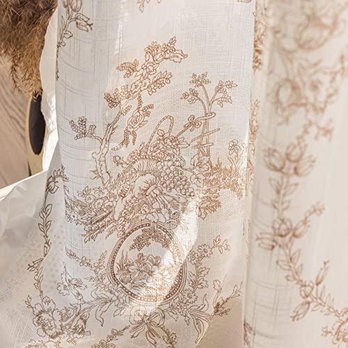 SUOUO Coffee Brown Toile Floral Semi Sheer Curtains 84 Inches 2 Panels - color: Coffee-t, size: 52"W x 84"L (Pack of 2)