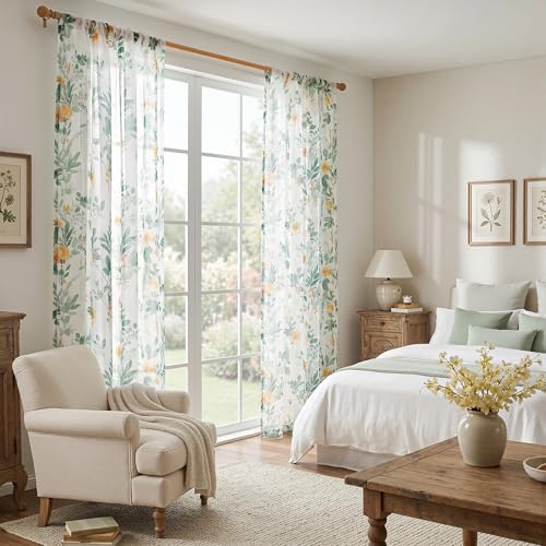 MYSKY HOME Green Floral Sheer Cafe Curtains 45 Inches Long 2 Panels Set - color: Green, size: 52"W x 45"L (Pack of 2)