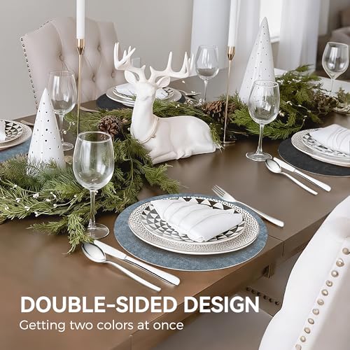 NCUE 13" Faux Leather Round Placemats Set of 4, Reversible Dual-Color - color: Deep Gray Light Blue
