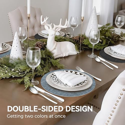 NCUE 13" Faux Leather Round Placemats Set of 4, Reversible Dual-Color - color: Deep Gray Light Blue