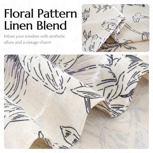 Rustic Boho Black Floral Pinch Pleat Linen Kitchen Curtains 36 Inch Length - color: Black, size: 40"W x 36"L (Pack of 2)