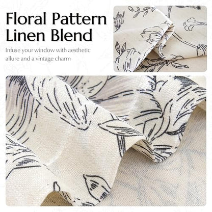 Linen Semi Sheer Curtains 96 Inches Long Pleated Black Floral Print Drapes - color: Black, size: 40"W x 96"L (Pack of 2)