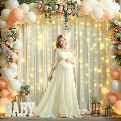 10 x 10ft Beige Backdrop Curtains with Lights String for Party - color: Beige, size: W5' x H10'(2 panels)