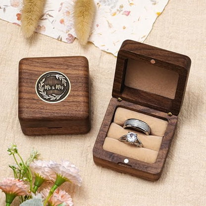 KWOOD Custom Wooden Wedding Ring Box for 2 Rings, Engraved Mr & Mrs Double Ring Holder for Wedding Ceremony Ring Bearer Box Anniversary Birthday Gift Ideas - style: T-Mr & Mrs 01