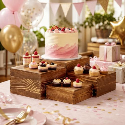 8 Pack Buffet Risers and Stands, Dessert Table Display Set with Mini Signs - color: Brown, size: 8 Pcs