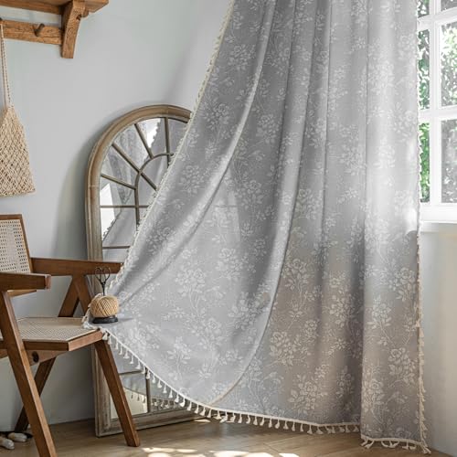 ENJOYBRIDAL Floral Curtains 84 Inch Long Grey Light Filtering Drapes Rod Pocket Bedroom Living Room Semi Sheer Window Curtains 2 Panel Sets Floor Length Farmhouse Boho Cute Window Treatments - color: Floral02, size: 52"W x 84"L (Pack of 2)
