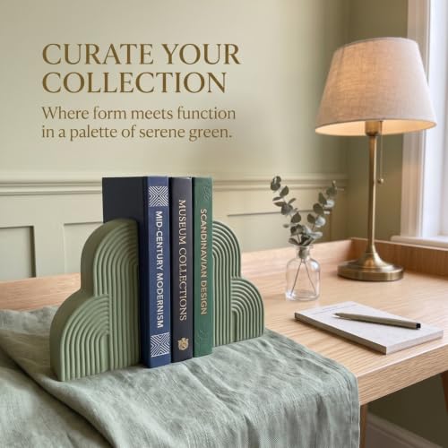 Sage Green 2 Pcs Boho Arch Concrete Bookends for Shelves, Clouds - color: Sage Green, style: Clouds