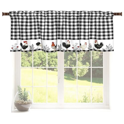 Buffalo Check Plaid Valances for Windows Farmhouse Rooster Kitchen Curtains Rustic White and Black Design Window Treatment Rod Pocket Valances for Kitchen Living Room 54 x 18 Inch, 1 Panel - color: Black and White