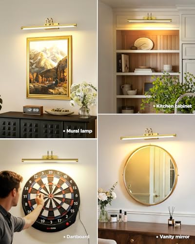 23.6″ Wireless Rechargeable Picture Light with Remote, Large Battery Operated Wall Light for Paintings & Art, Dimmable LED Gallery Lamp with Timer, Adjustable Metal Design, Electroplated Gold Finish - color: Battery Operated-Brass, size: 23.6 Inch