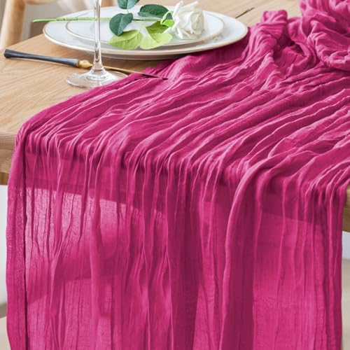 Cheesecloth Table Runner 10FT Fuchsia Boho Gauze Rustic Sheer Runners - color: Fuchsia, size: 1 Pack