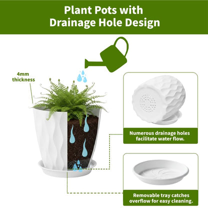 8 Inch Plant Pots Plastic Planters with Drainage Holes & Saucer, 6 Pack - color: White 8 Inch