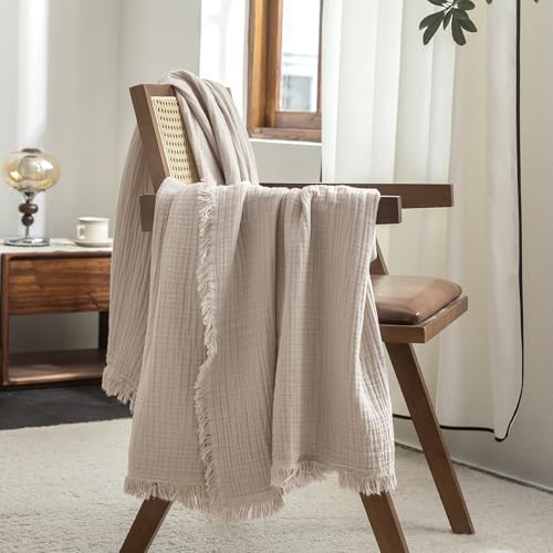 FOSSA Muslin Blanket: 4-Layer 100% Cotton Gauze Blanket with Fringe 98"x98" - color: Beige Gray, size: Oversize Queen(98" × 98")