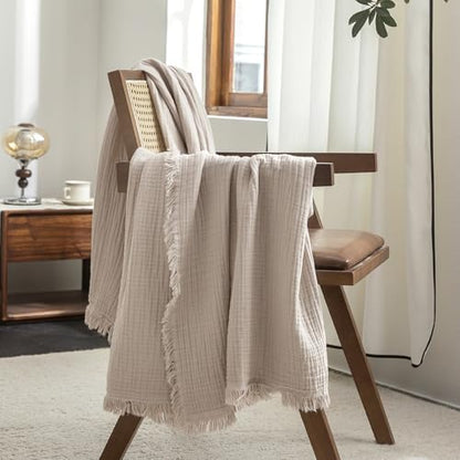 FOSSA Muslin Blanket 4-Layer 100% Cotton Gauze Blanket with Fringe 50"x60" - color: Beige Gray, size: Throw (60" × 50")
