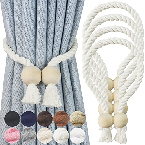 4 Pack Magnetic Curtain Tiebacks Cotton Hand Woven Tie Back Decorative Rope Holdbacks for Curtains Draperies No Tools Required, Cream - color: Cream