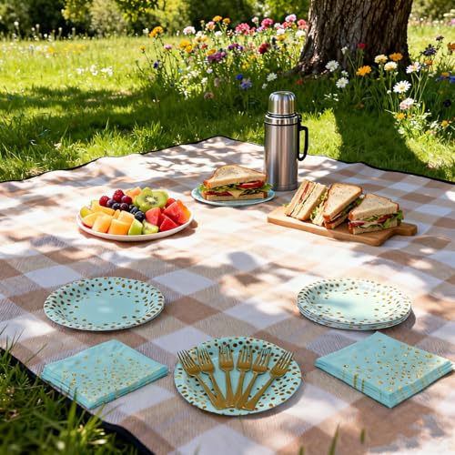 Party Supplies, Light Green Paper Plates and Napkins 100 PCS - color: Light Green Gold