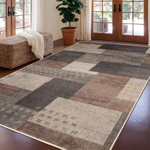 Modern Outdoor Patio Rug, Geometric Patchwork Rug for Living Room, Beige - color: Beige, size: 5x7ft
