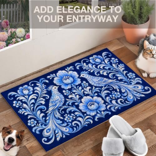 Blue Boho Bird Floral Faux Coco Coir Doormat Door Mat 17x30 Inch - color: Boho
