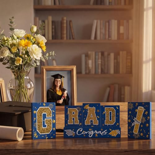 Smile GRAD Wooden Block Decor Set, 6-Piece Blue(Science) & Gold Glittered Letter Blocks with Congrats Banner, Tiered Tray Tabletop Signs for Graduation Party Decorations - style: Grad Blue