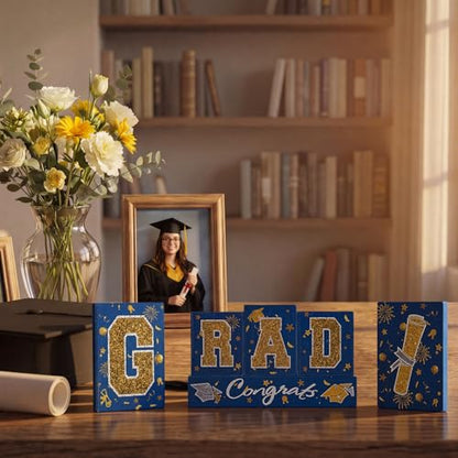 Smile GRAD Wooden Block Decor Set, 6-Piece Blue(Science) & Gold Glittered Letter Blocks with Congrats Banner, Tiered Tray Tabletop Signs for Graduation Party Decorations - style: Grad Blue