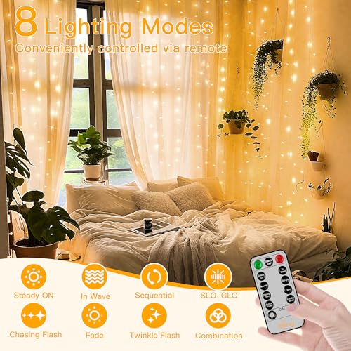 Ollny Curtain Lights 6.6x6.6ft, 200LED String Lights with Remote Warm White - color: Warm White, size: 200 LED