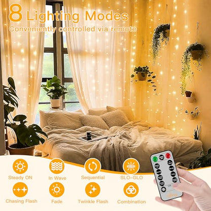Ollny Curtain Lights 6.6x6.6ft, 200LED String Lights with Remote Warm White - color: Warm White, size: 200 LED