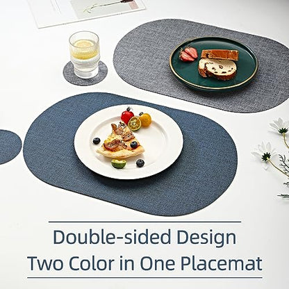 Oval Table Mats Set of 6, Faux Leather Placemats, Heat Resistant & Waterproof(Navy/Grey) - color: Navy/Grey