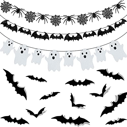 39 Pieces Halloween Decorations Black Glittery Bat Banner Spider Ghost Garland 3D Bat Wall Stickers for Halloween Party Haunted House Decoration Indoor Outdoor Mantel Supplies