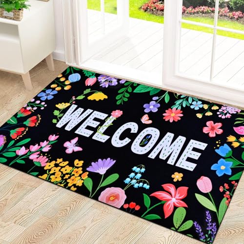 Likiyol Floral Door Mat Outside Entrance, Colorful Flower Welcome Mat Front Door Mat Butterfly Non Slip Doormat Outdoor Indoor Entrance, Low Profile, Absorbent, 18" x 30" - color: Black, size: 1'6" x 2'6" (Rectangular)