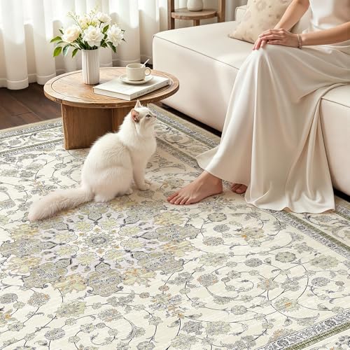 Arenarug Washable 2x3 Area Rug, Distressed Vintage Floral Small Throw Rug, Soft Low-Pile Non-Slip Indoor Rug for Entryway, Kitchen, Bathroom and Bedroom, Ivory/Pale Beige - color: Ivory / Pale Beige, size: 2' x 3' (Rectangular)