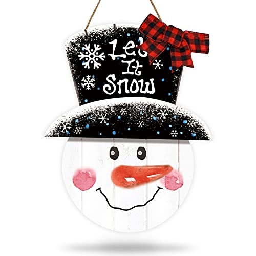 Whaline Large Christmas Snowman Wooden Hanging Sign Winter Welcome Door Sign with Buffalo Plaid Bow Snowman Wood Front Door Hanger for Home Indoor Outdoor Farmhouse Wall Window Decor - style: Classic