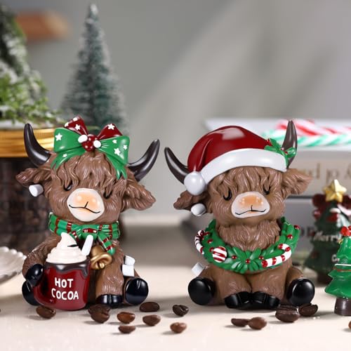 Karenhi 2 Pcs Highland Cow Figurines, Christmas Hot Cocoa Decor - style: Hot Cocoa