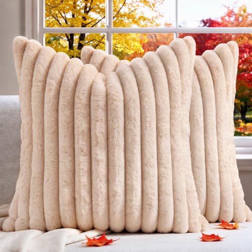 Set of 2 Decorative Throw Pillow Covers 22x22, Fall Faux Fur Apricot - color: Apricot, size: 22" x 22" (Pack of 2)