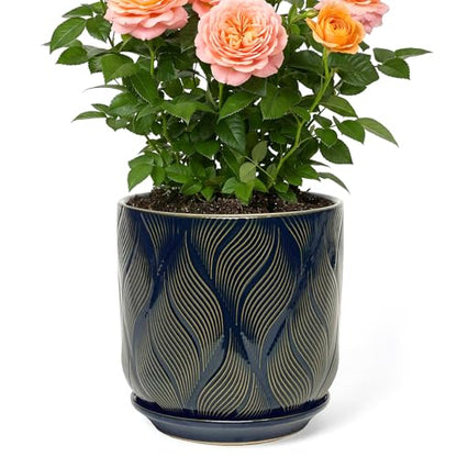 7.2 Inch Modern Ceramic Glaze Plant Pot with Drainage Hole,Mesh Net,Saucer,Indoor Outdoor Planter(Leaf-Blue) - color: Leaf-blue