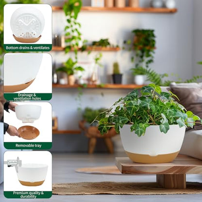Koalaime 8/10/12 Inch Pots for Indoor Plants, Large Self Watering Planters with Drainage and Saucers, Plastic Outdoor Flower Pot, Set of 3, White - color: White