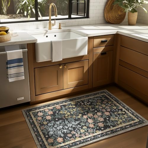 Machine Washable Small Rugs for Entryway: Door Mat Indoor Entrance 2x3 Rug Boho Throw Rug Non-Slip Low Pile Kitchen Rug for Front Door Indoor Entrance Entry Kitchen Bedside Kids Room - color: Floral-black, size: 2' x 3' (Rectangular)