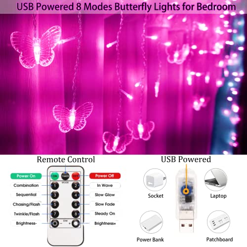 Butterfly Curtain Fairy Lights USB Plug in,120 LED 8 Modes 20FT Firefly Twinkle Icicle String Lights with Remote Timer Waterproof Copper Wire for Bedroom Patio Christmas Wedding Party Dorm(Pink) - color: Pink