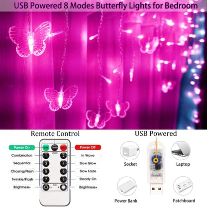 Butterfly Curtain Fairy Lights USB Plug in,120 LED 8 Modes 20FT Firefly Twinkle Icicle String Lights with Remote Timer Waterproof Copper Wire for Bedroom Patio Christmas Wedding Party Dorm(Pink) - color: Pink