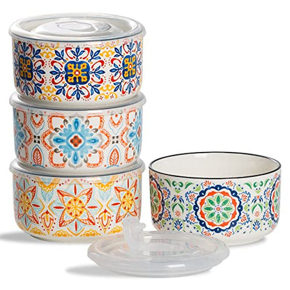 Ceramic Bowl with Lid, Microwave Safe, Set of 4 - color: Color B - Set of 4