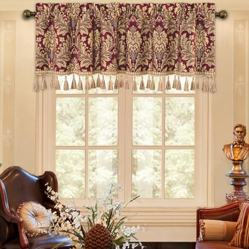 Loom and Mill Luxury Damask Valances for Windows, Burgundy Red, 54"x18" - color: Lafaye-burgundy Red